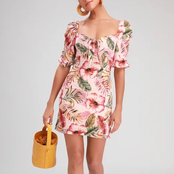 Lulu’s Zaliki Pink Tropical Print Tie-Front Puff Sleeve Mini Dress - Picture 1 of 16
